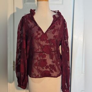 Burgundy Sheer Floral Embroidered Blouse Ruffled Collar M